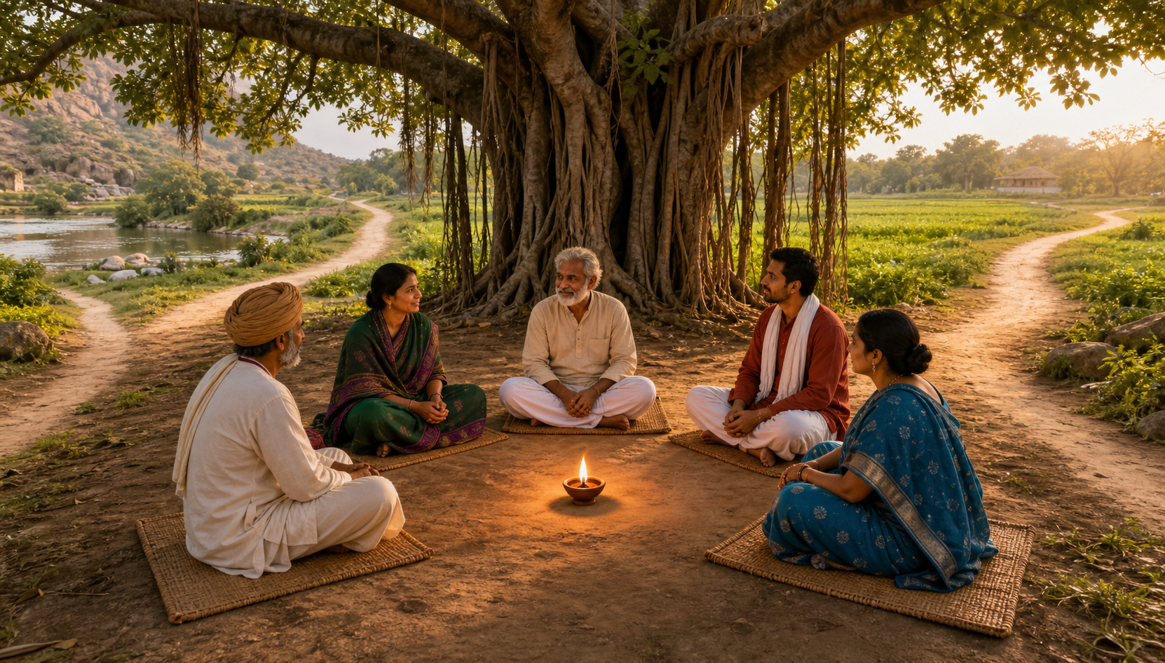 Five people in distinct clothing sit on separate mats around a clay lamp beneath a banyan tree, with different paths leading to the circle.