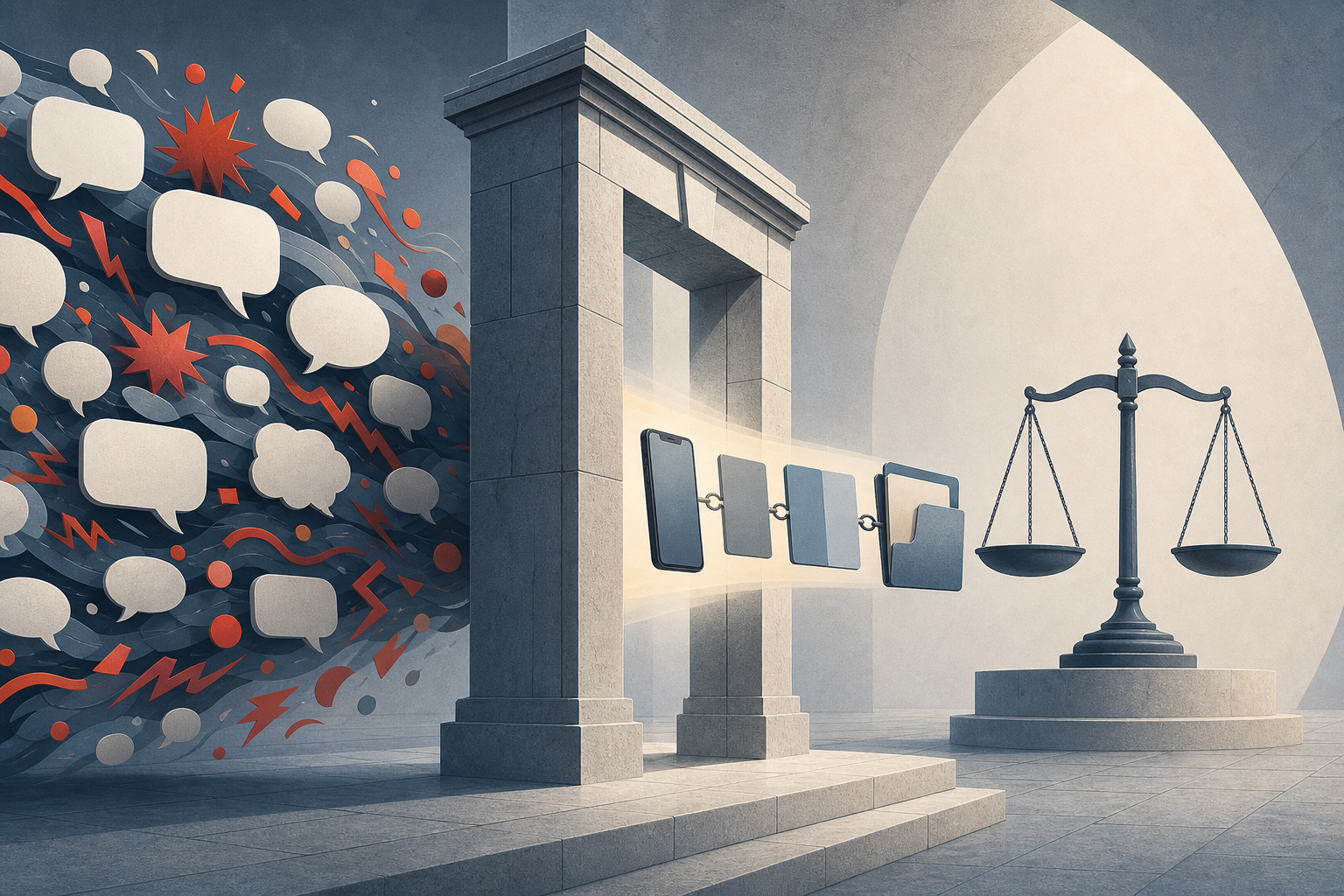Abstract reaction bubbles face a stone legal gateway, while a phone and complete evidence file pass toward balanced scales.