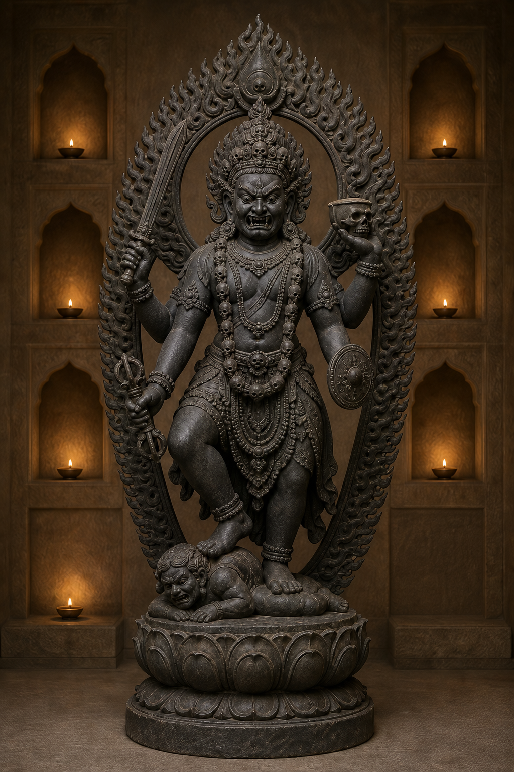A full-length stone goddess sculpture shows a subdued figure and pedestal below her feet, four weapon-bearing arms, a fanged face, crown, and flaming halo.