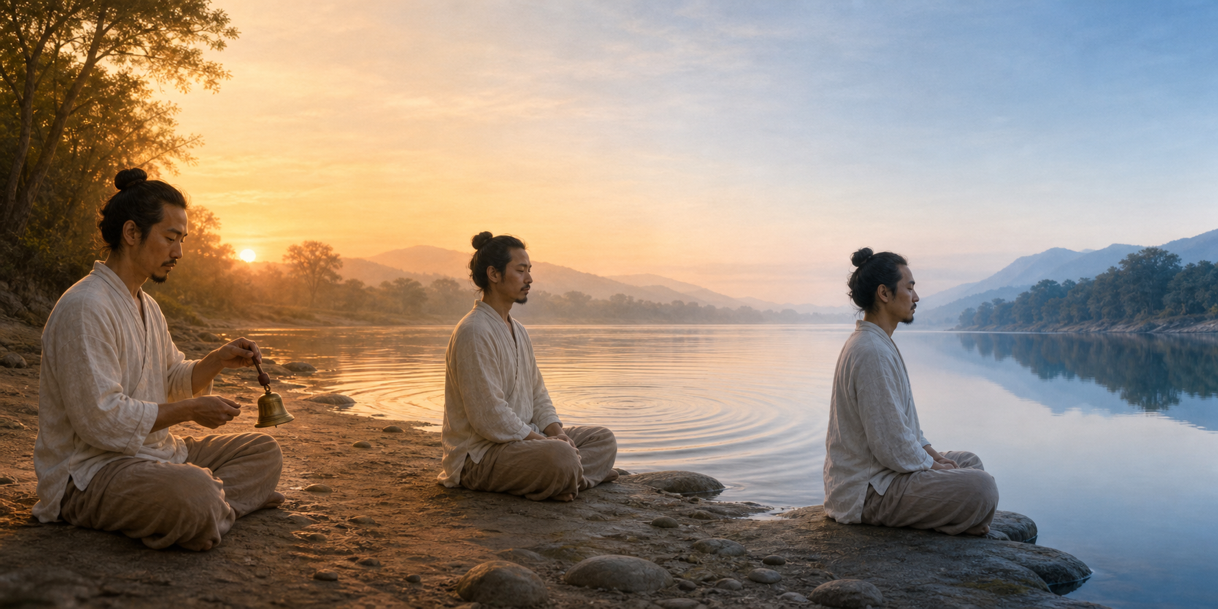 A seated practitioner rings a small bell, listens beside widening river ripples, and then rests in silence beside still water.