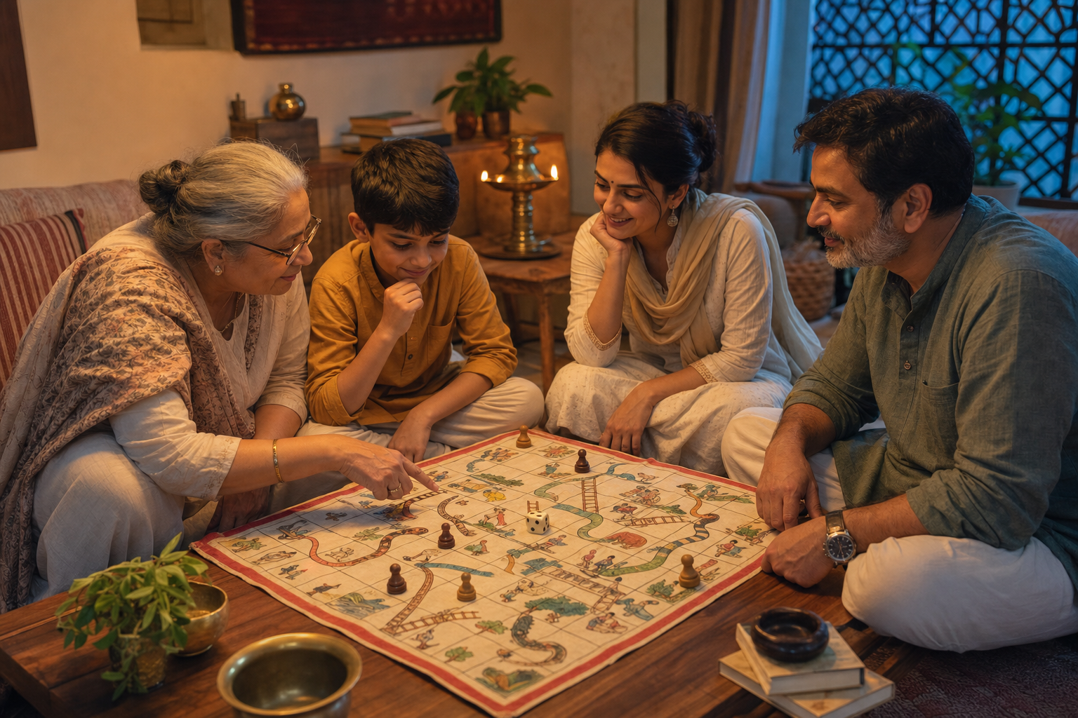 A multigenerational Indian family gathers around a handmade Gyan Chaupar board for an evening game and discussion at home.