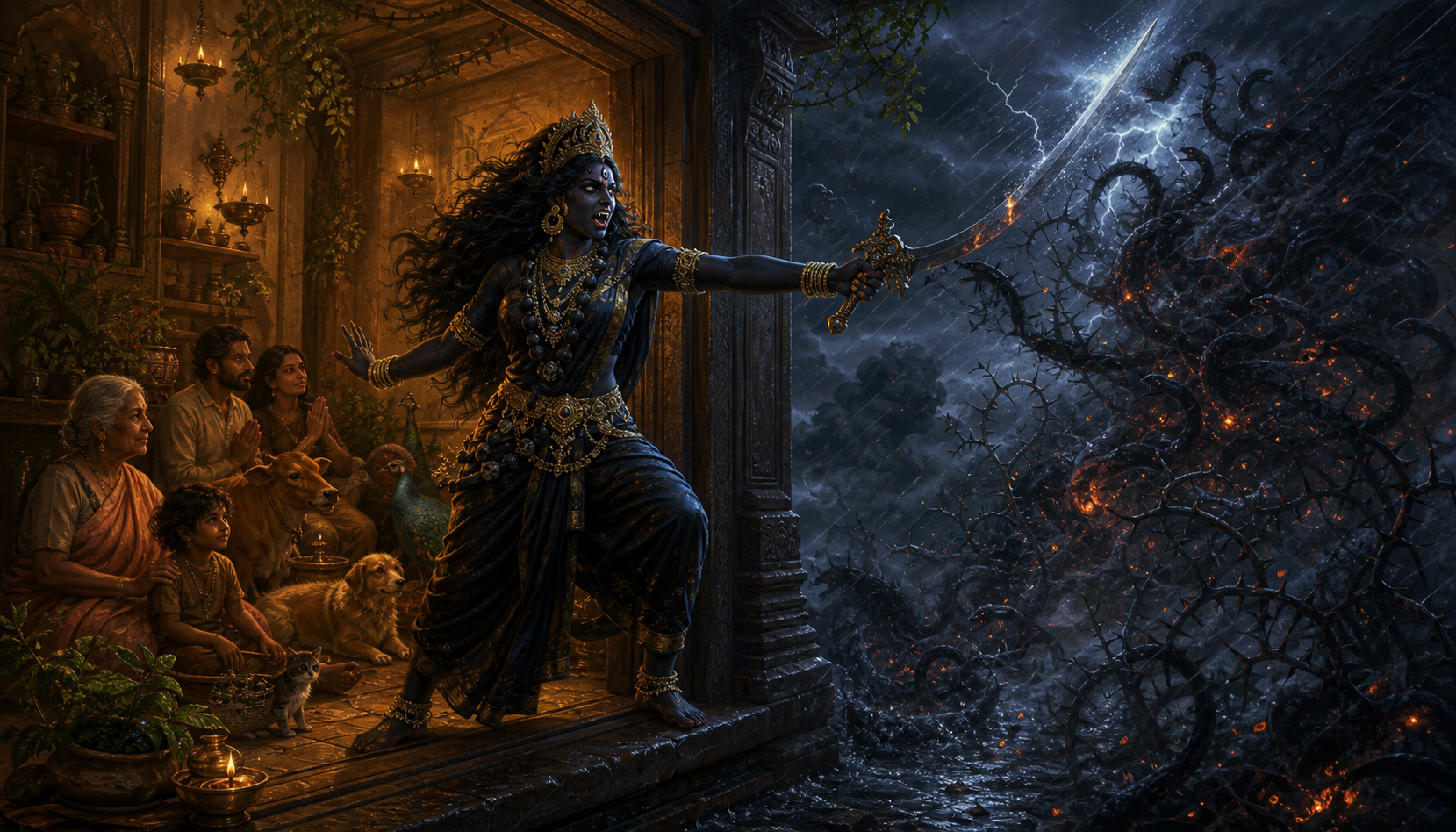 A fanged goddess blocks a storm of smoke, thorns, and shadows outside a shrine while people, animals, plants, and lamps remain safe behind her.