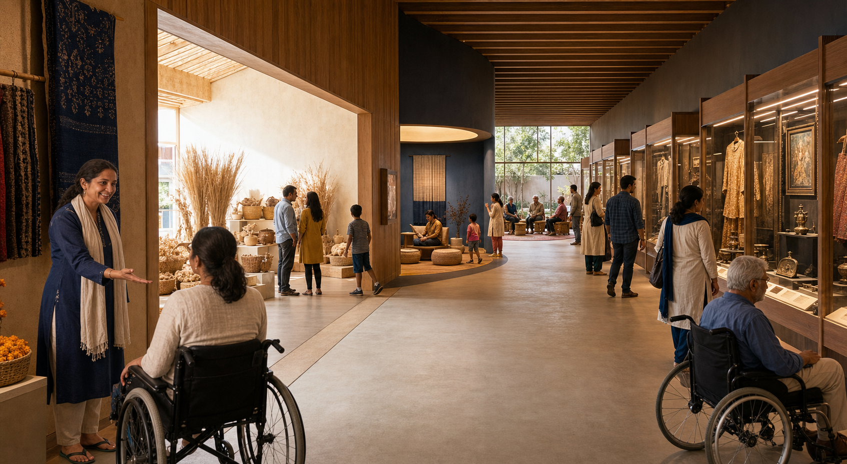 An accessible exhibition route leads visitors from a welcome area through harvest, contemplation, collection, and community spaces.