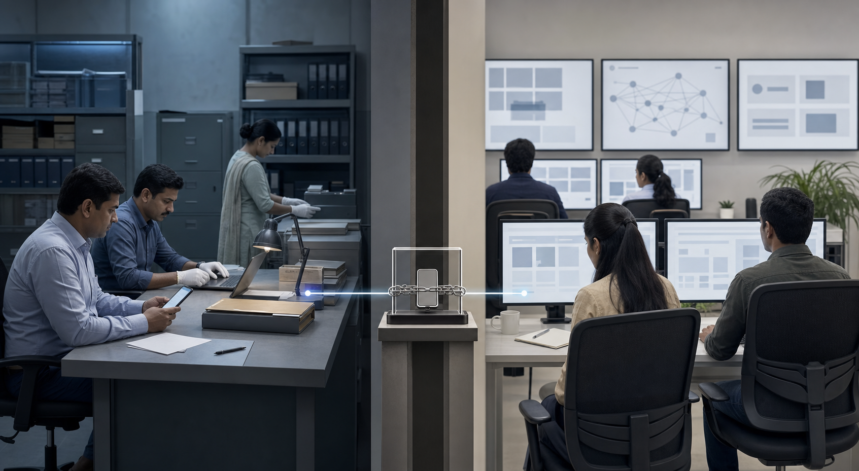 Police investigators and a separate platform safety team examine the same generic phone from two divided workspaces.