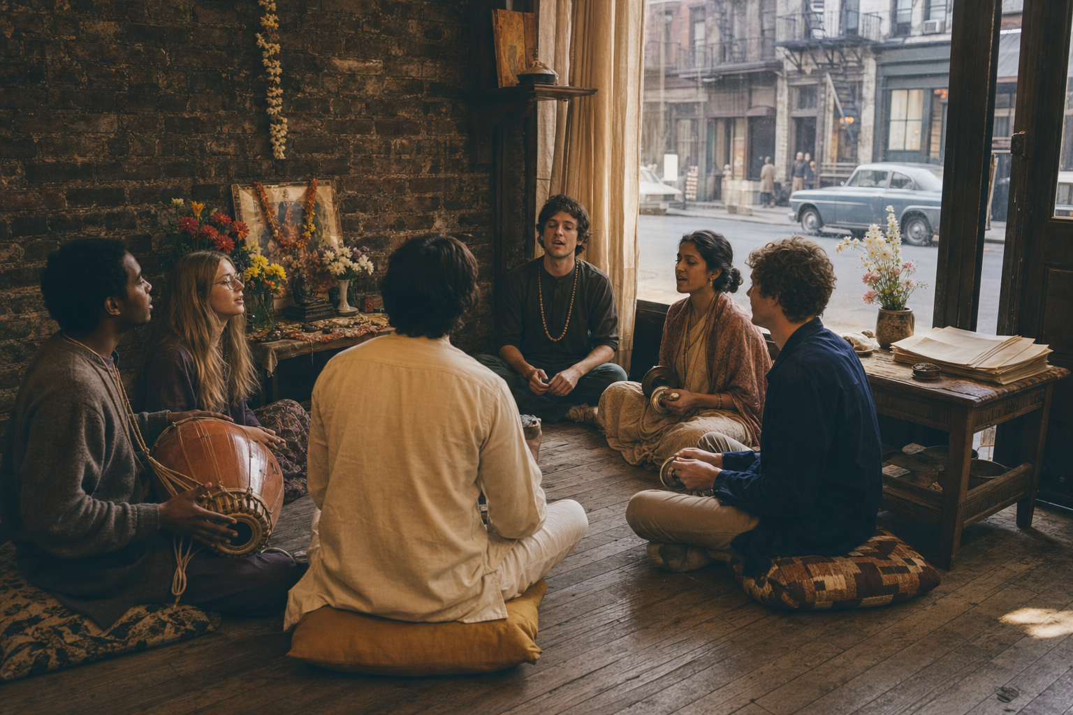 A modest 1960s New York storefront contains a small devotional gathering, musical instruments, flowers and unsigned papers on a table.