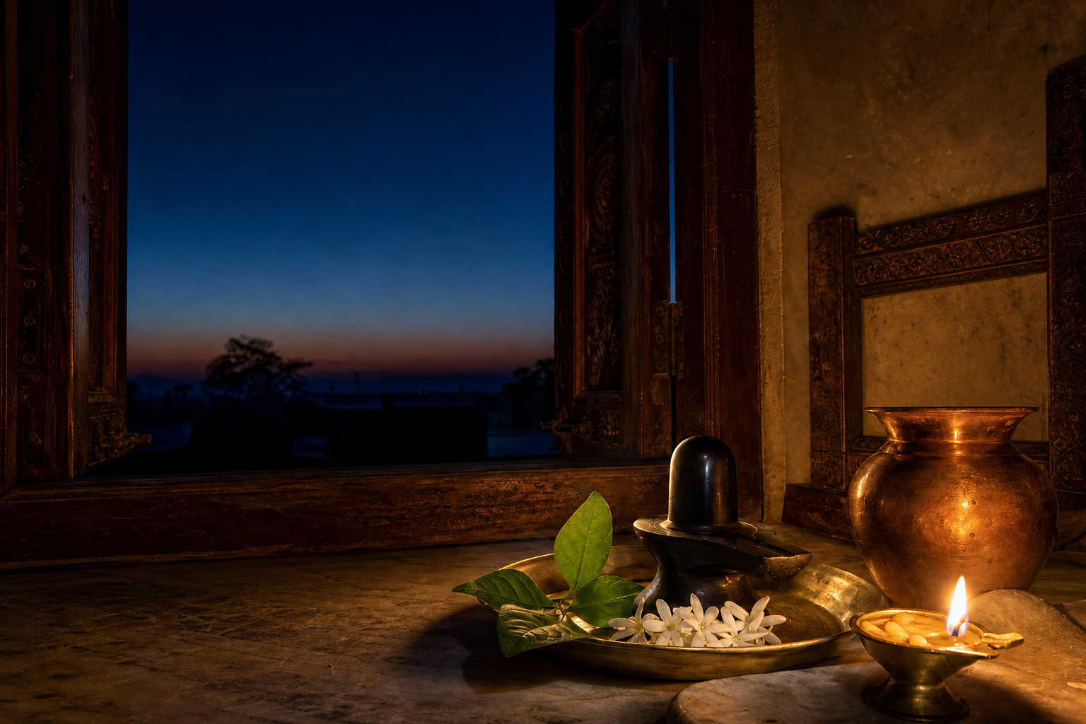A Shiva lingam with bilva leaves, flowers, a copper vessel, and a glowing oil lamp beside a window overlooking a moonless twilight sky.