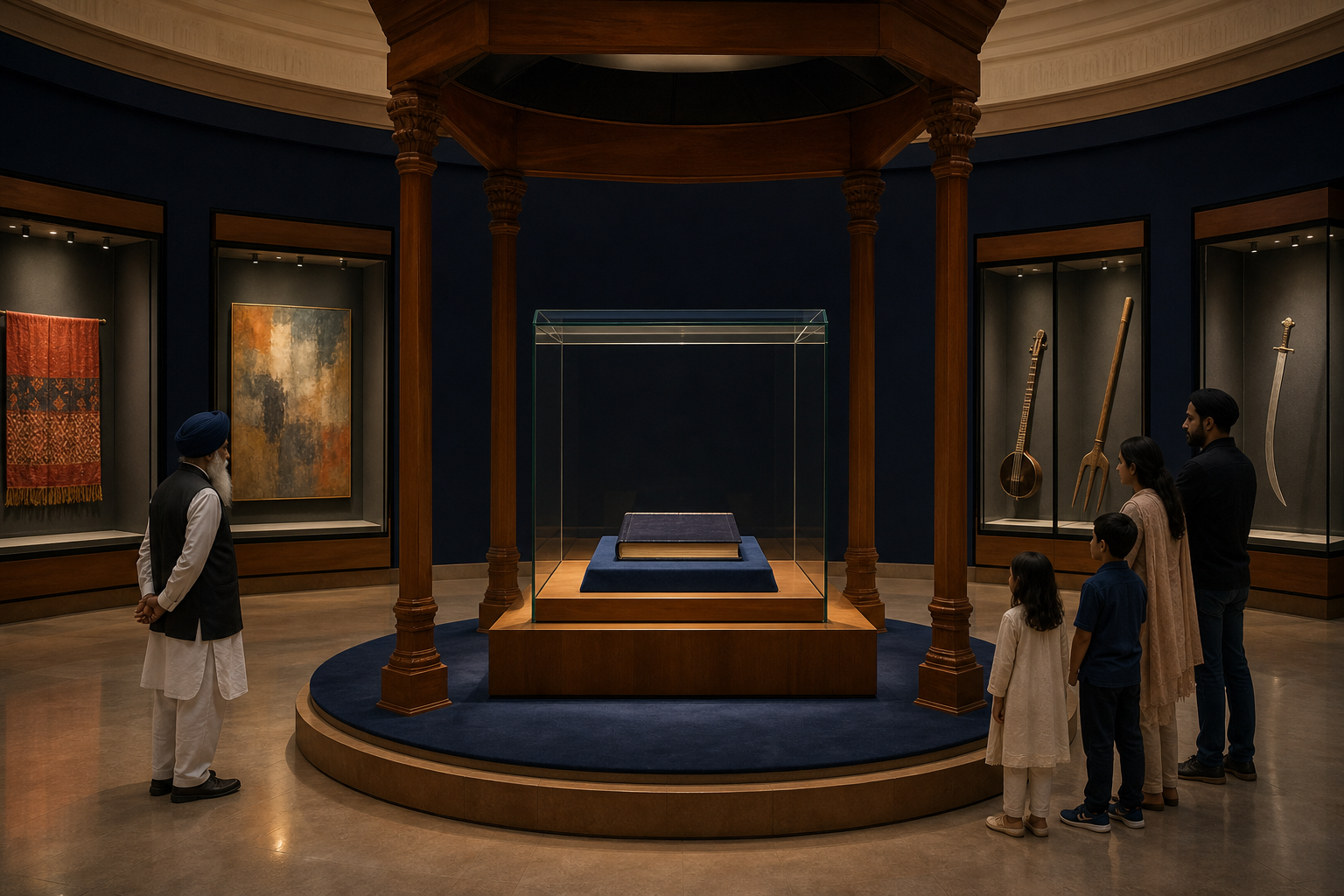 A closed scripture volume is respectfully presented at the center of a quiet gallery, with textiles, an instrument, a farming tool, a painting, and a historic sword displayed around it.