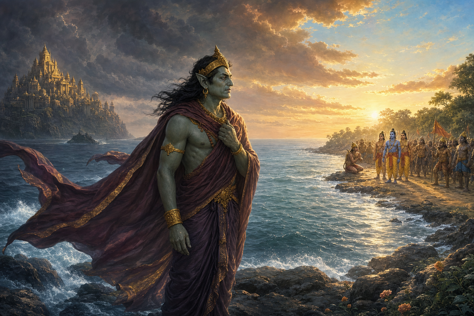 Vibhishana stands beside the sea between the distant city of Lanka and Rama's encampment at dawn.