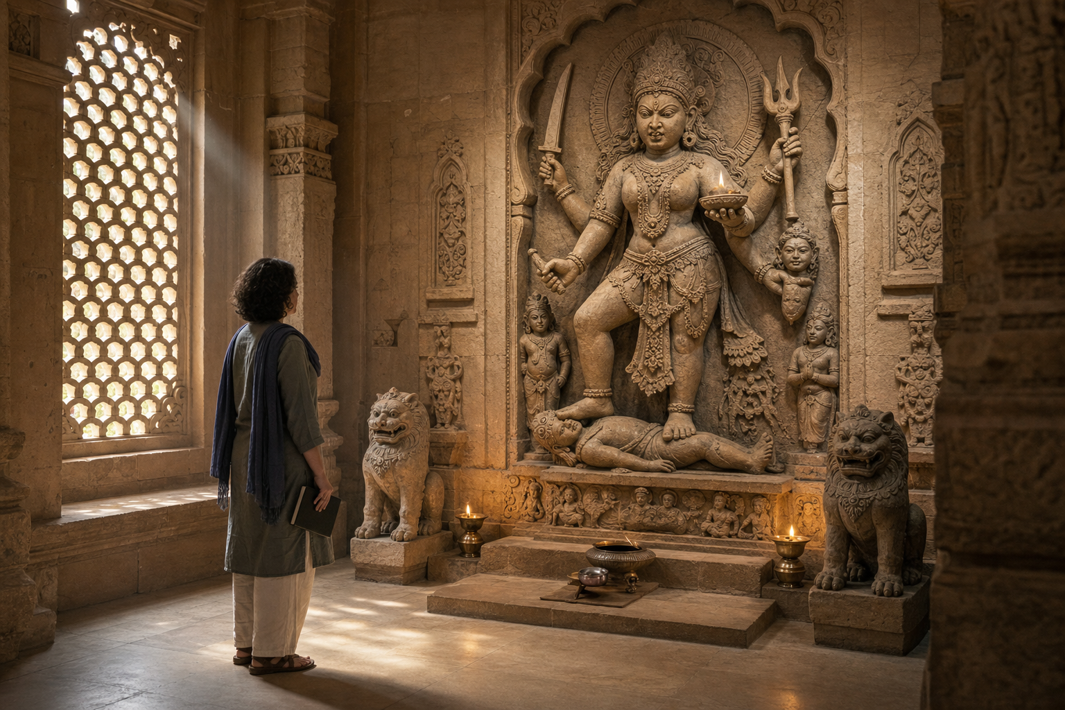 A museum visitor examines a fierce goddess sculpture from its pedestal and feet to its hands, face, halo, attendants, and surrounding shrine carvings.