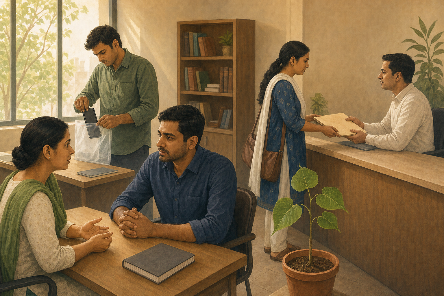 People calmly document a phone, submit a complaint folder, and speak respectfully in a legal-aid room.