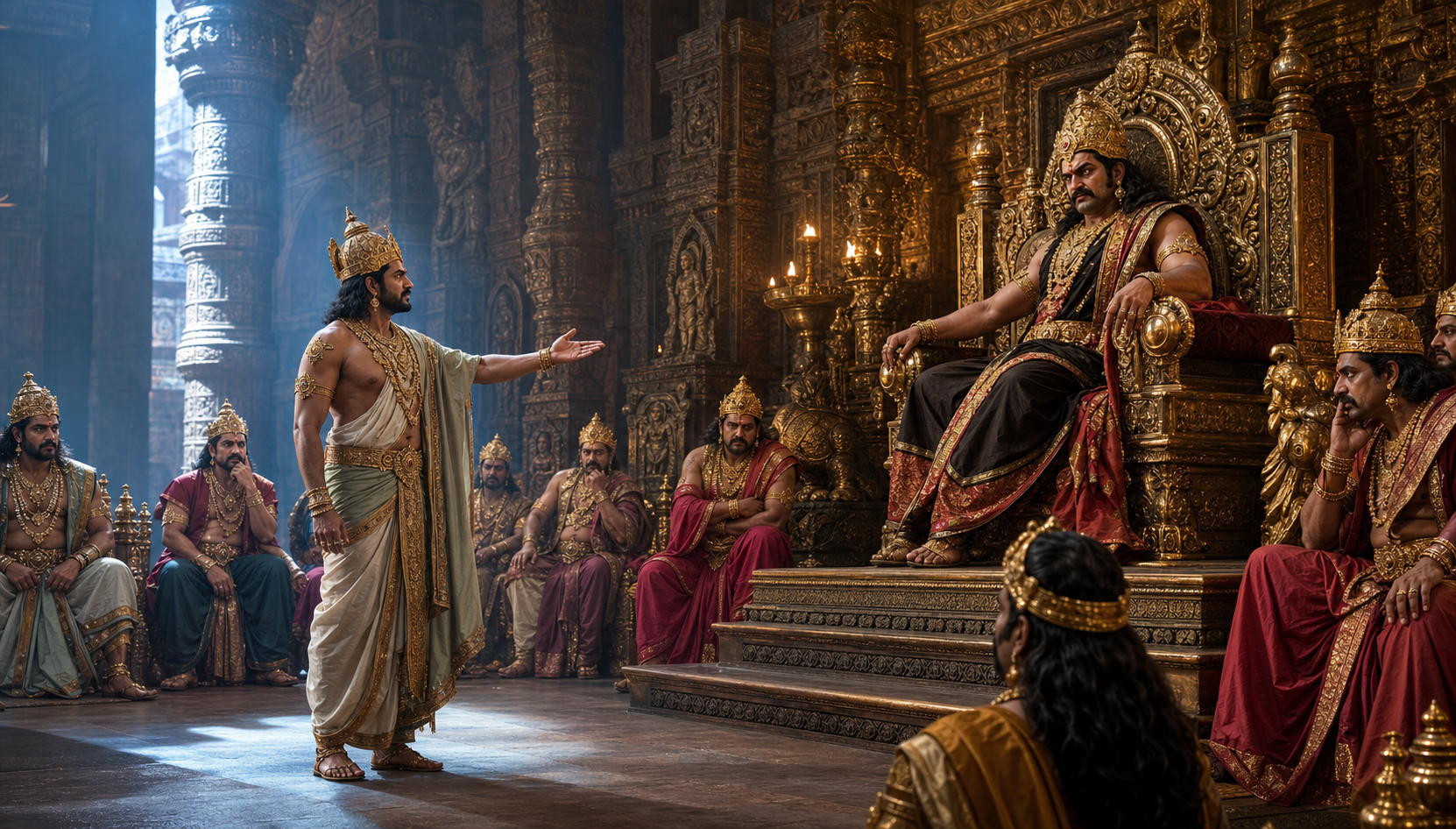 Vibhishana advises an angered Ravana in Lanka's royal court as ministers watch.