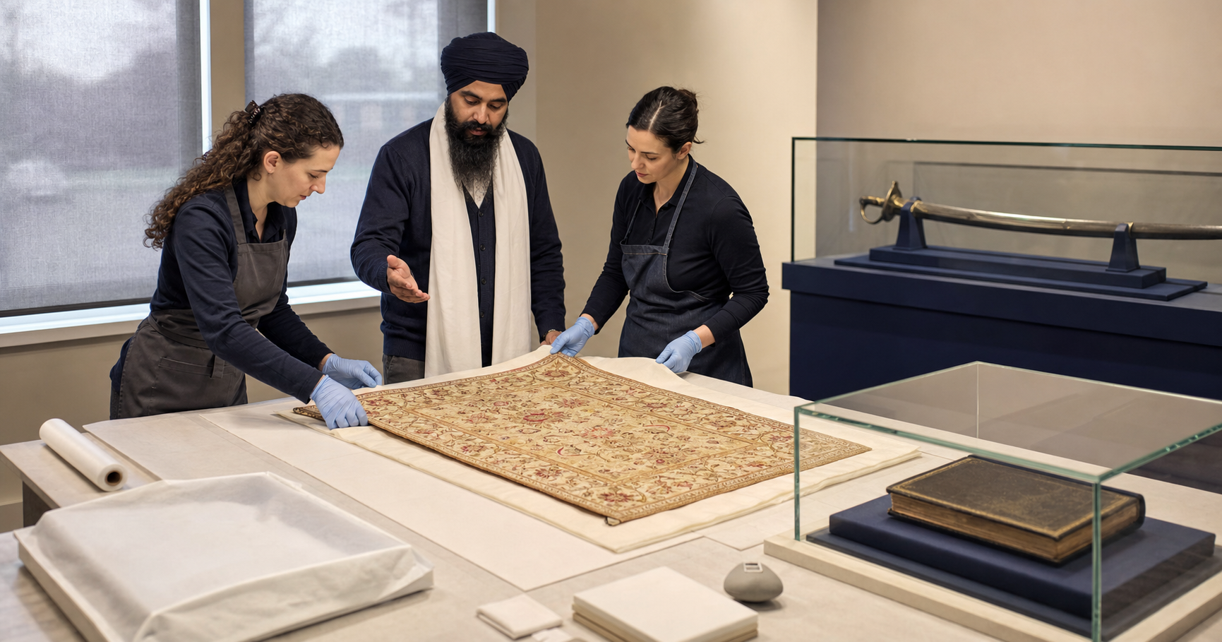 Museum professionals and a Sikh adviser carefully mount an embroidered textile beside protected cases holding a closed manuscript and a historic sword.