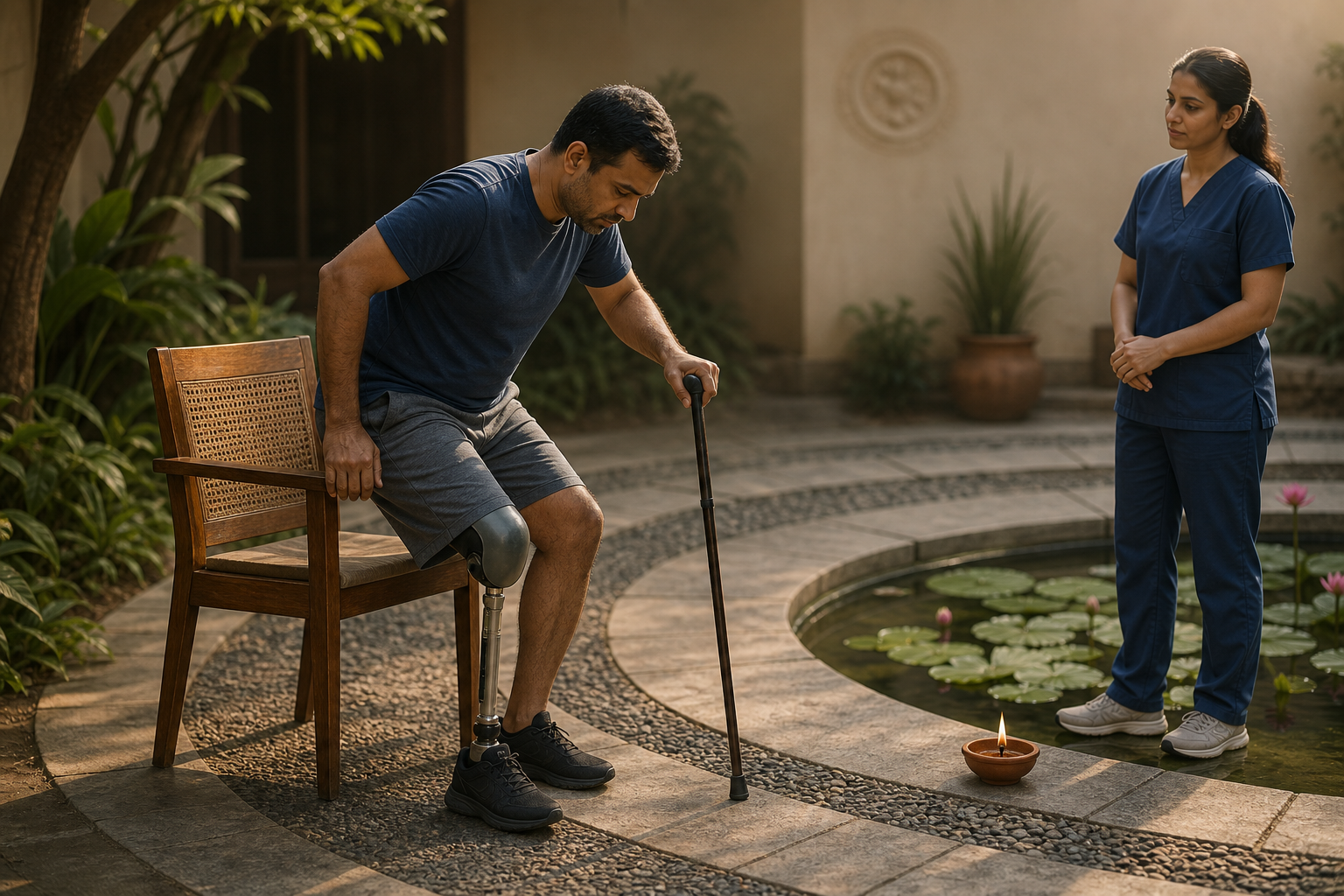 An adult using a cane practices standing from a chair while a physiotherapist observes in a sunlit courtyard with a lotus pond and clay lamp.
