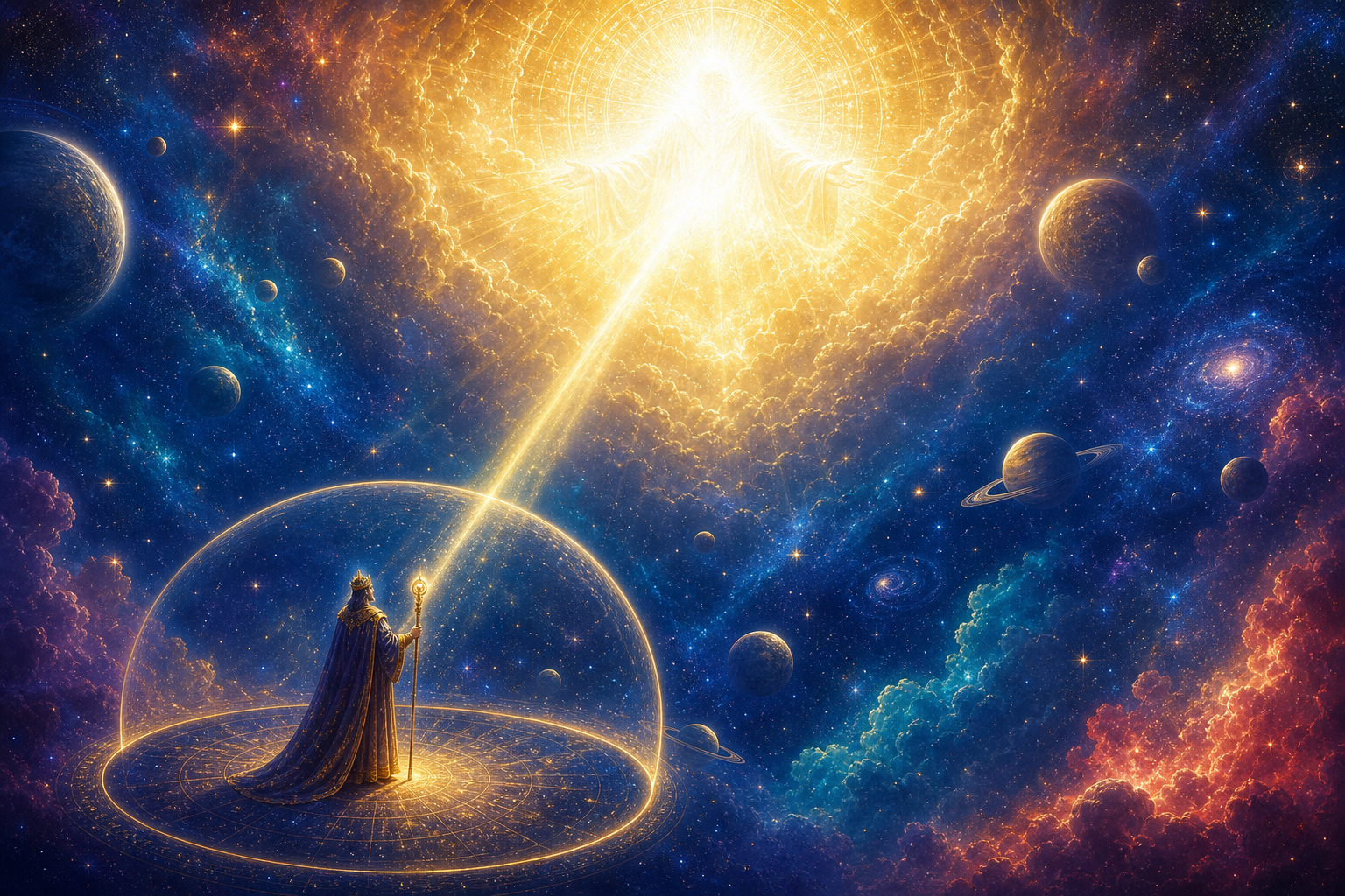 A radiant presence illuminates a vast cosmos while a ceremonial official receives light within a smaller bounded domain.