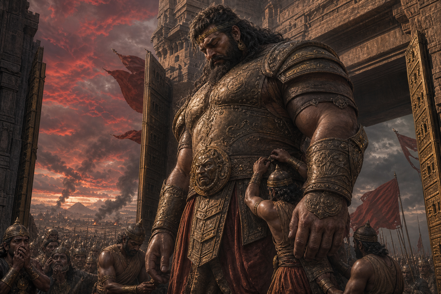 A solemn Kumbhakarna in armor walks through Lanka's gates toward the battlefield with soldiers behind him.