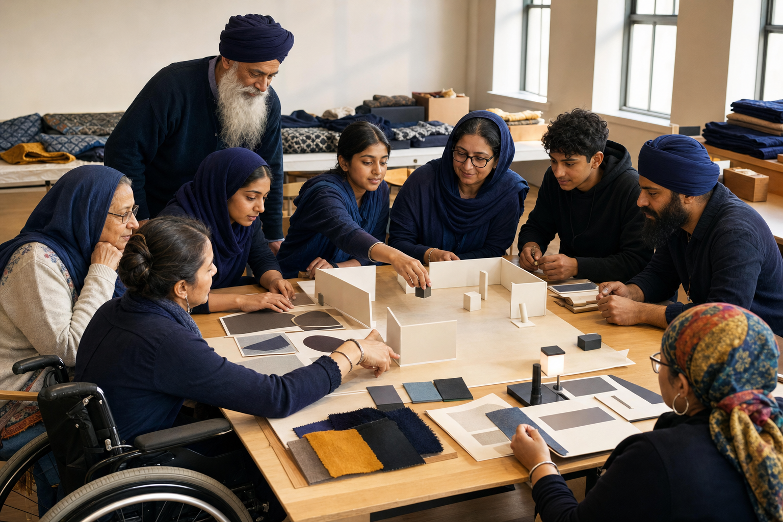 Sikh elders, young people, families, an artist, and an accessibility advocate collaborate around a tabletop exhibition model and material samples.