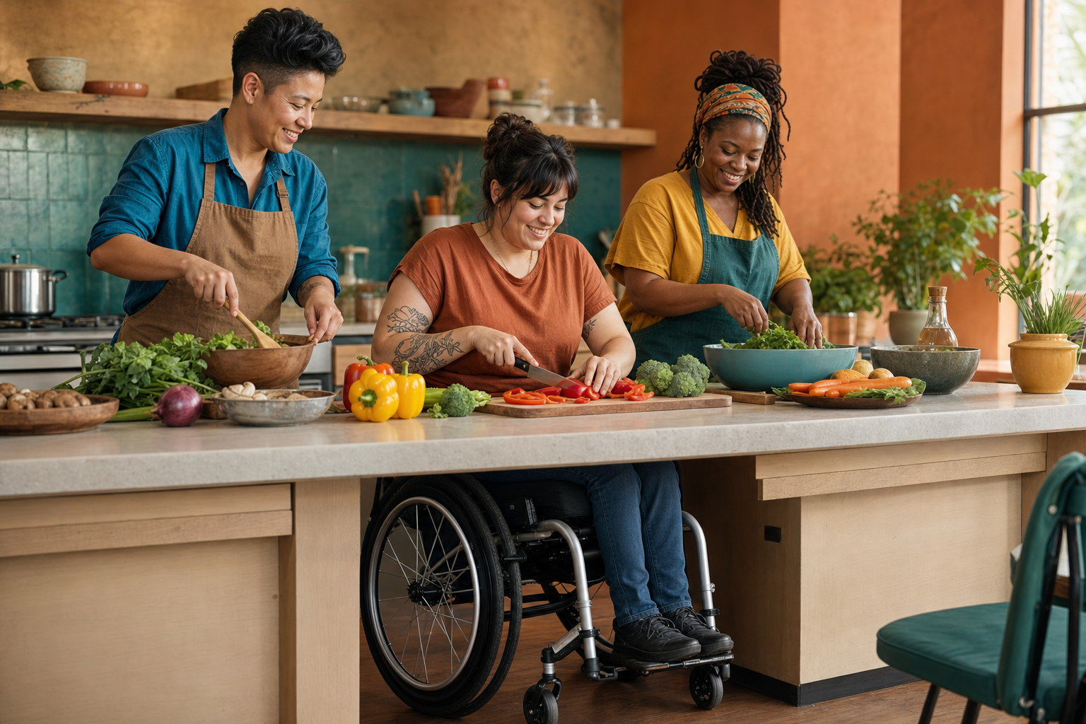 A wheelchair user prepares vegetables with two friends at an accessible community kitchen counter.