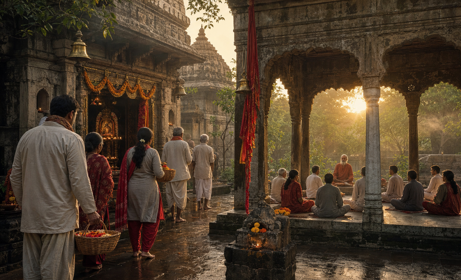 Pilgrims carrying flower offerings approach a lamp-lit temple sanctum while a small group meditates in a quiet side courtyard at dawn.