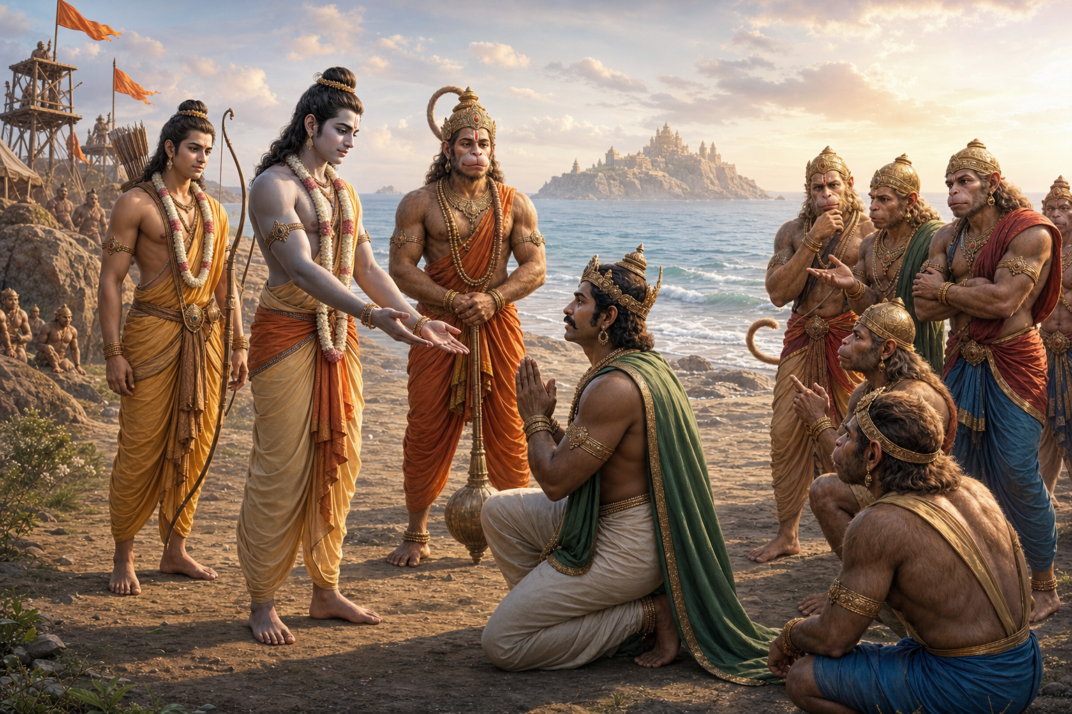 Rama extends his hand to the kneeling Vibhishana while Hanuman, Lakshmana, and vanara commanders observe at the coastal camp.