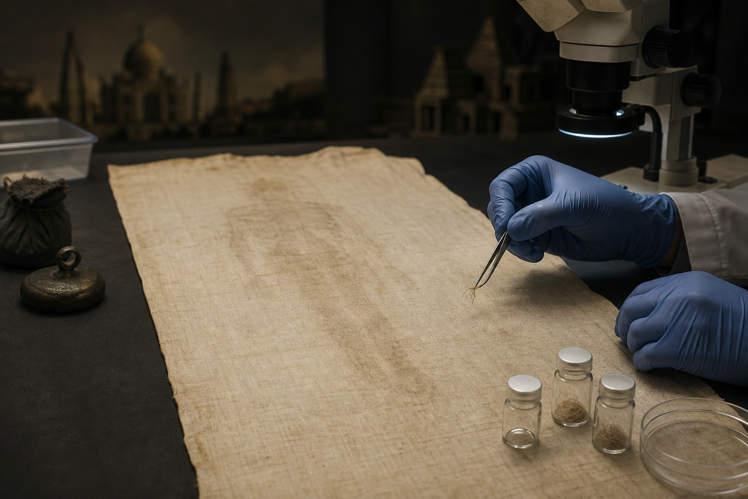 An aged linen cloth with a faint human-shaped discoloration is examined with tweezers and a microscope on a conservation table.