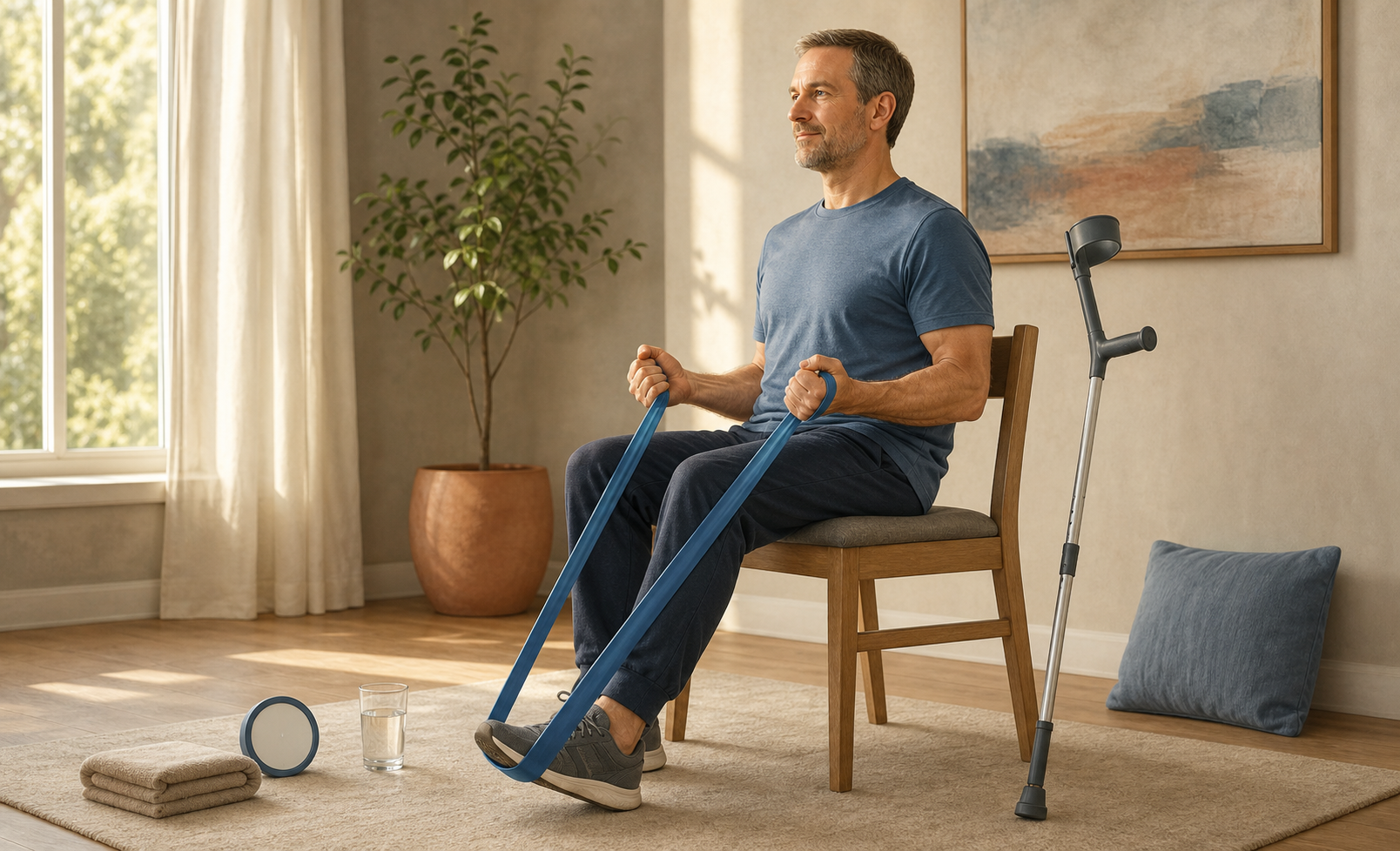 An adult with a forearm crutch performs a seated resistance-band exercise in a tidy living room with a chair, towel, cushion, and water nearby.