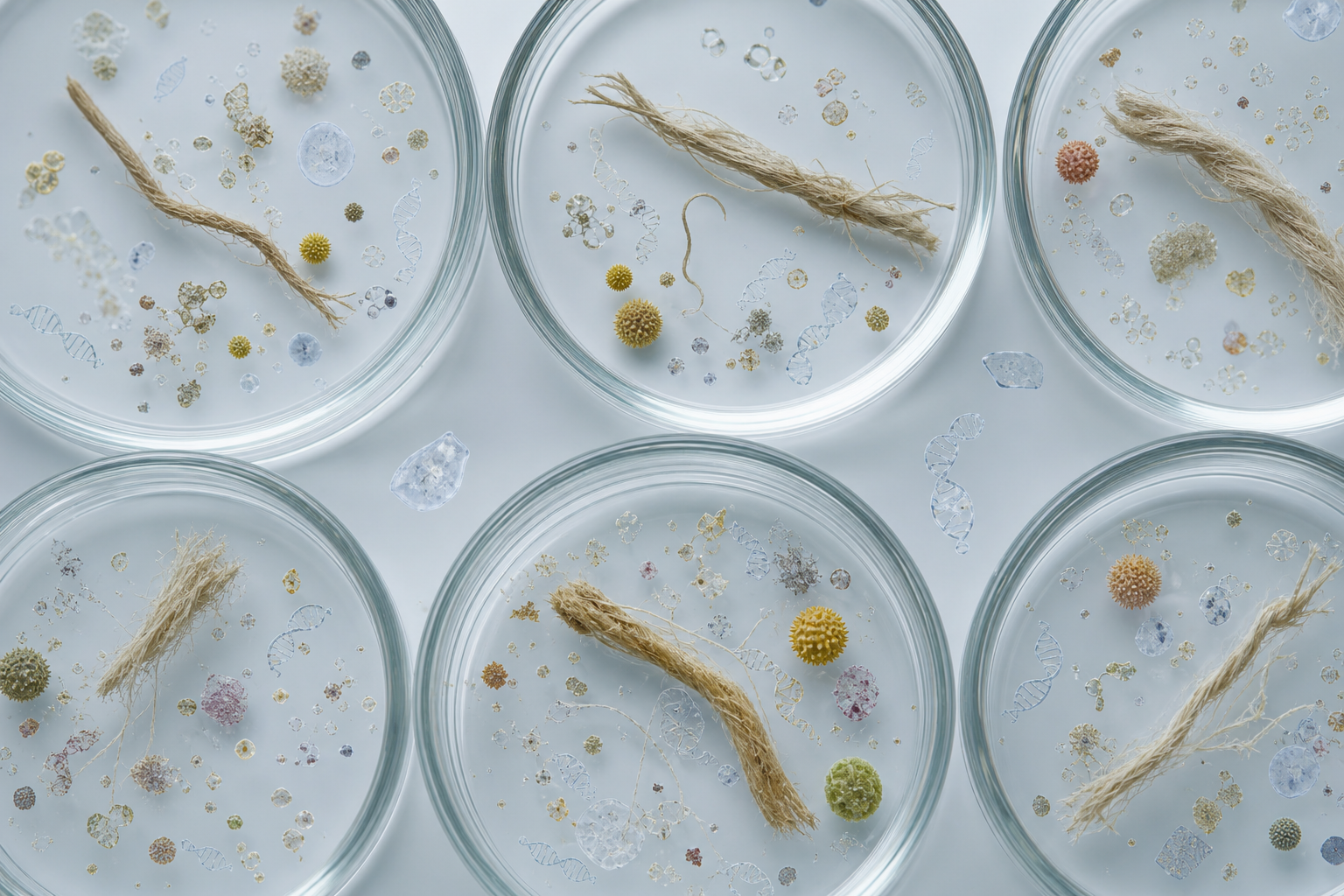 Old linen fibers in laboratory dishes are surrounded by pollen, dust, cells, and several differently colored DNA-like strands.