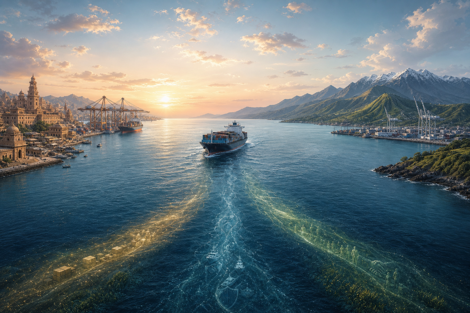 An Indian coastal port and a mountainous New Zealand harbor face each other across the ocean as a cargo ship follows subtle connecting paths through the water.