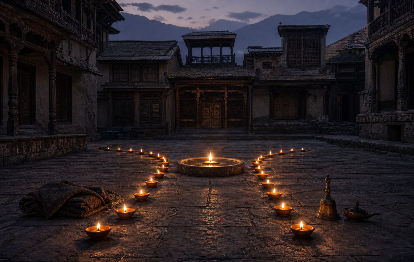 Two curving rows of oil lamps meet in a stone courtyard beside a folded shawl, a small temple bell, and an extinguished lamp.
