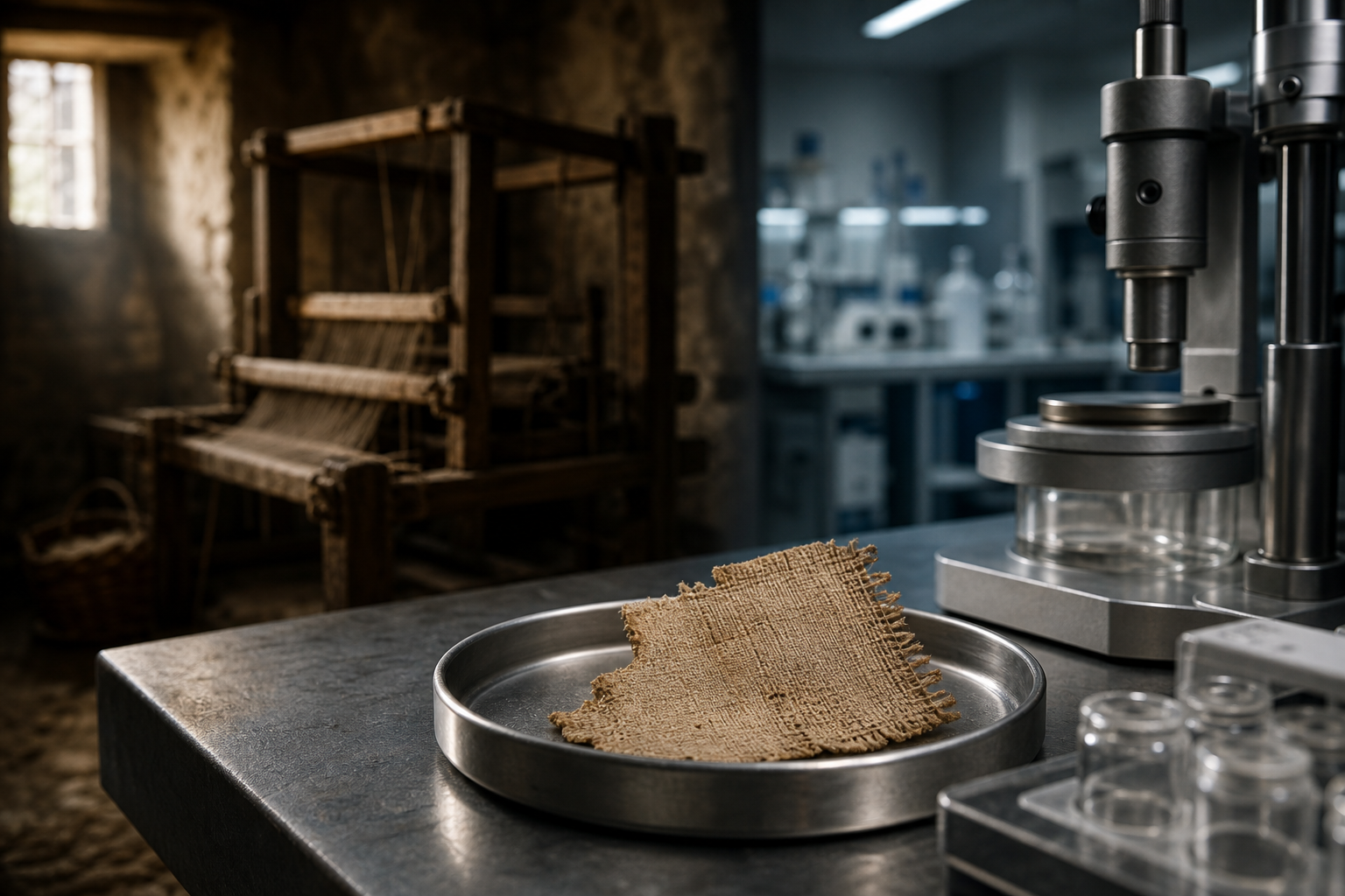 A small piece of aged linen sits in a laboratory sample tray with precision equipment and a shadowy wooden loom in the background.