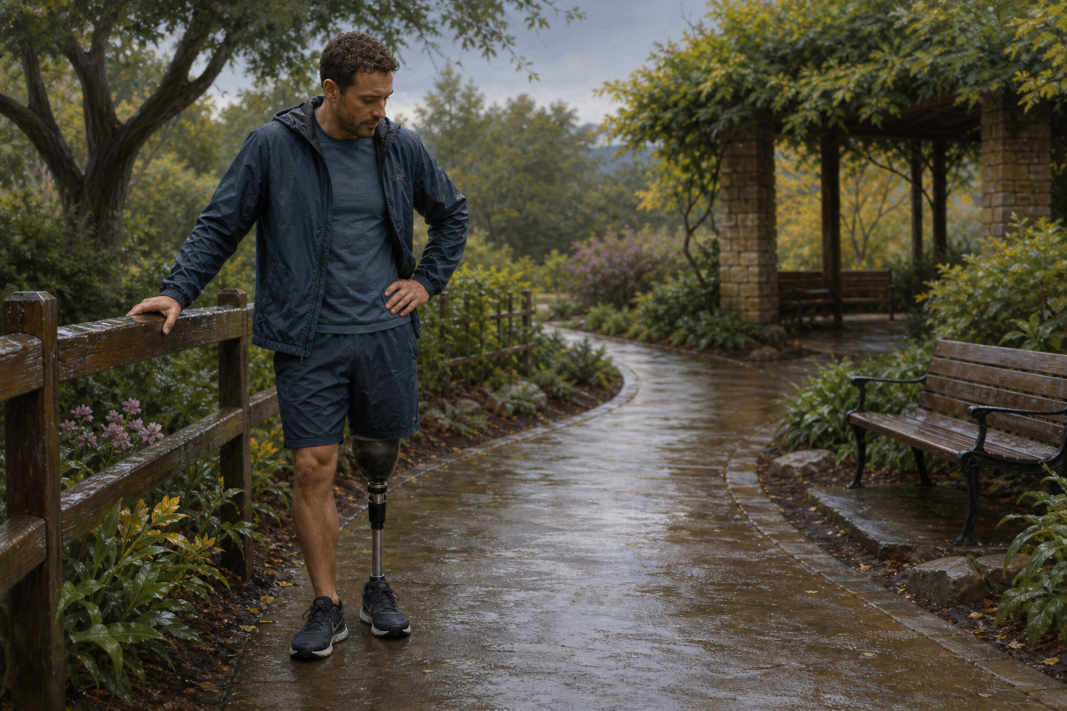 An adult with a lower-leg prosthesis pauses beside a handrail on a garden path near a shaded bench.