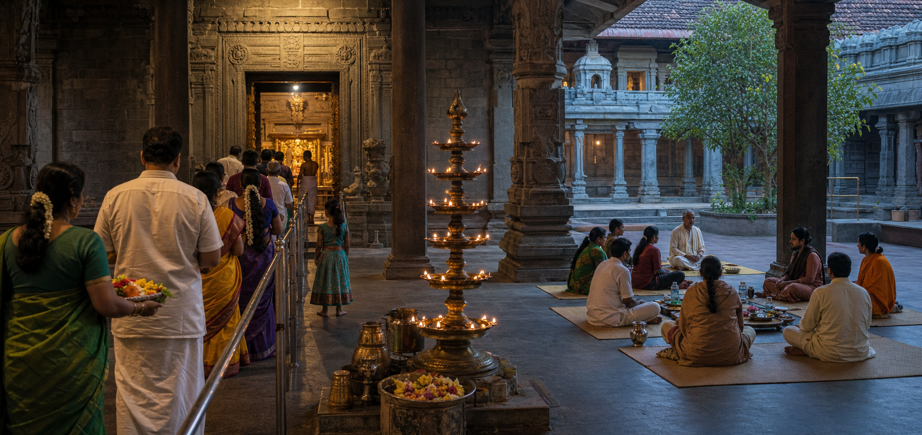 An orderly darshan line and a small guided meditation group occupy different areas of the same temple complex.