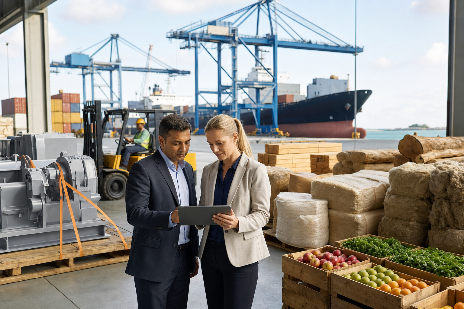 Two business representatives review cargo operations in a port terminal containing machinery, produce, timber, wool, and unbranded shipping containers.