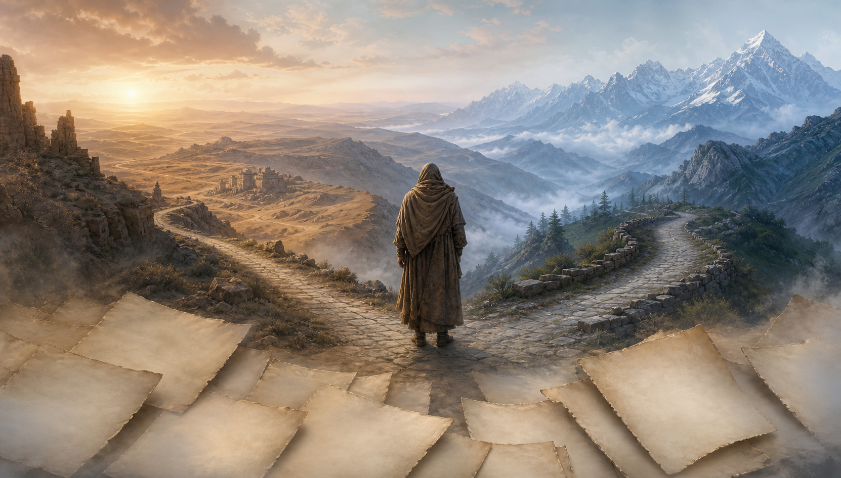 An anonymous robed traveler stands at a forked mountain road between a dry western landscape and distant Himalayan foothills, with blank manuscript pages in the foreground.