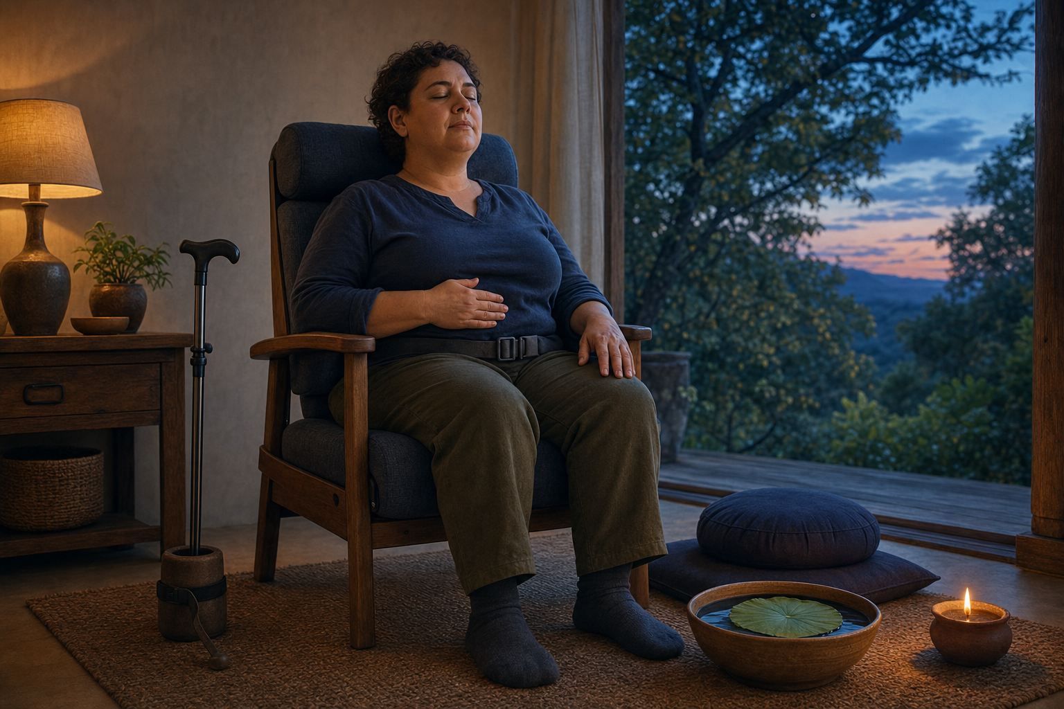 An adult seated in a supportive chair practices slow breathing beside a cane, clay lamp, meditation cushion, and bowl with a lotus leaf.