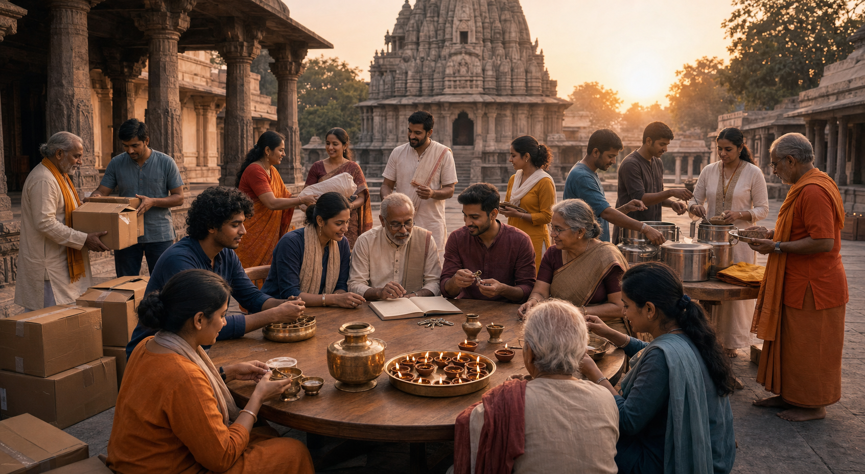 An intergenerational group of priests, trustees, youth, elders, and volunteers organizes supplies, records, lamps, and food vessels together in a temple courtyard at sunrise.