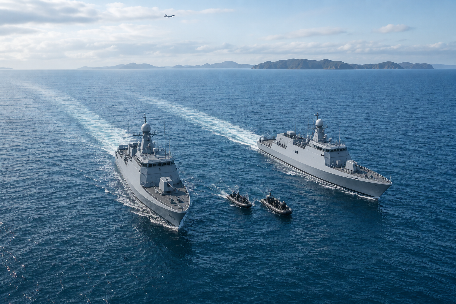 Two unmarked naval patrol vessels and small boats conduct a coordinated maritime exercise on open ocean beneath a surveillance aircraft.