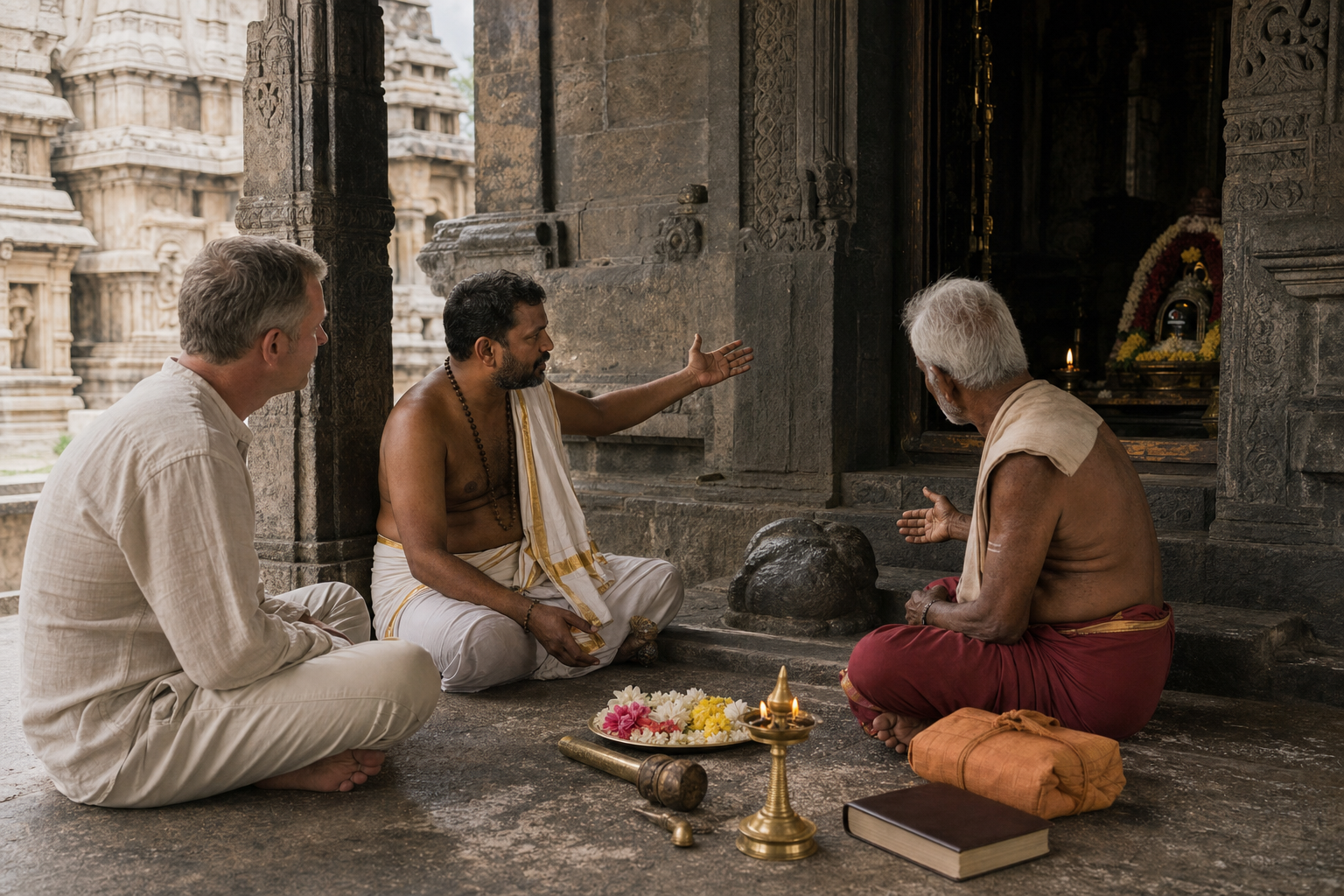 A pilgrim listens as a temple custodian and local elder point out a sacred stone, ritual objects, and architectural details in a shaded mandapa.
