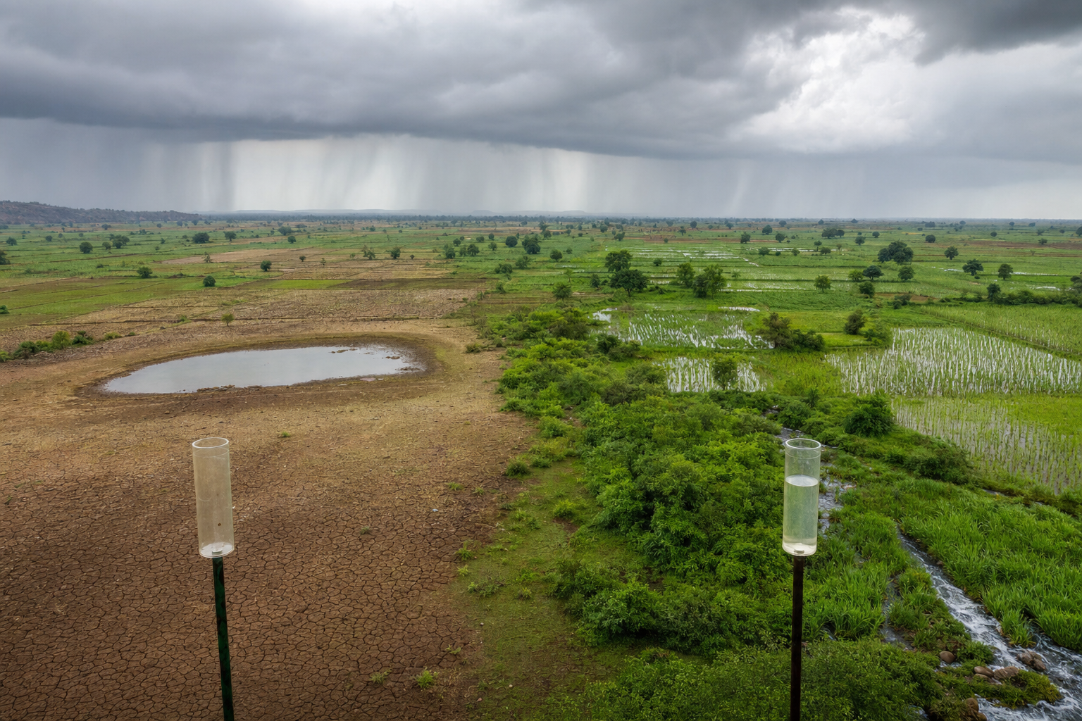 Neighboring farming areas show sharply different rainfall conditions, with dry fields on one side and saturated fields on the other.