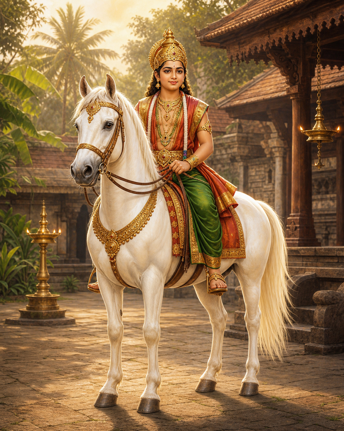 A serene crowned figure of Aswarooda Sastha sits upright on an alert white horse in a South Indian temple courtyard.