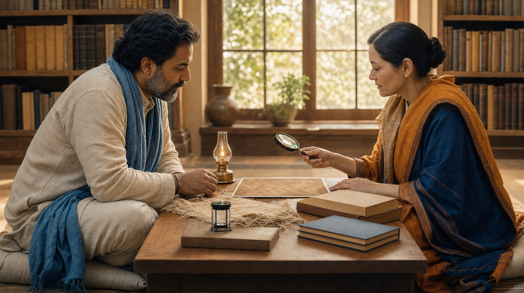 Two scholars sit together in a sunlit library examining a linen fiber and unmarked research materials beside a brass oil lamp.