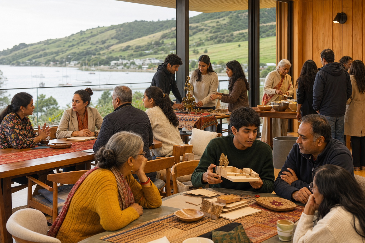 Indian-origin and other New Zealand residents of several generations work together on education, business, cultural, and volunteer activities in a waterfront community hall.