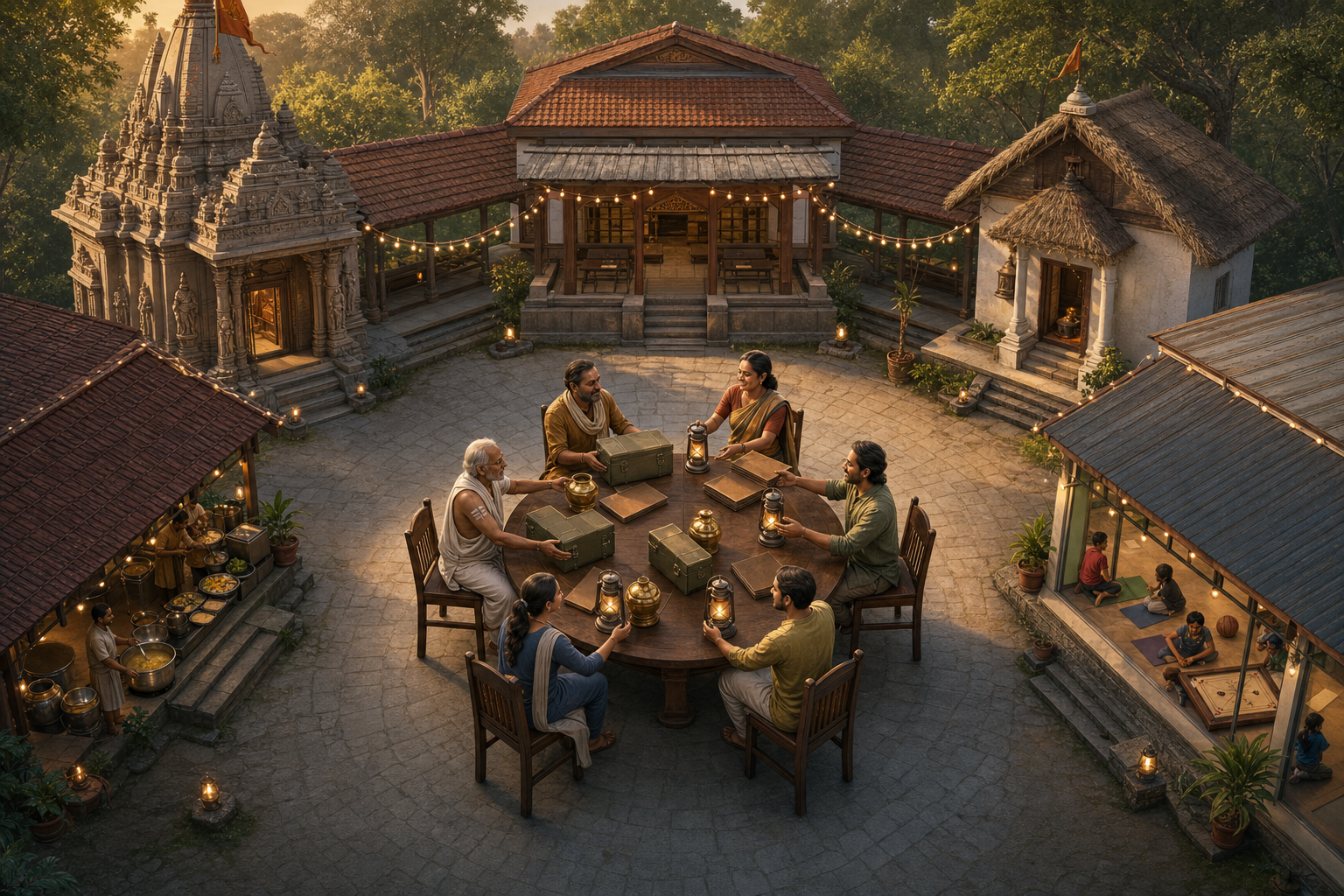 Representatives of five different Dharmic community institutions exchange supplies and records around an equal-sided table in a shared courtyard.