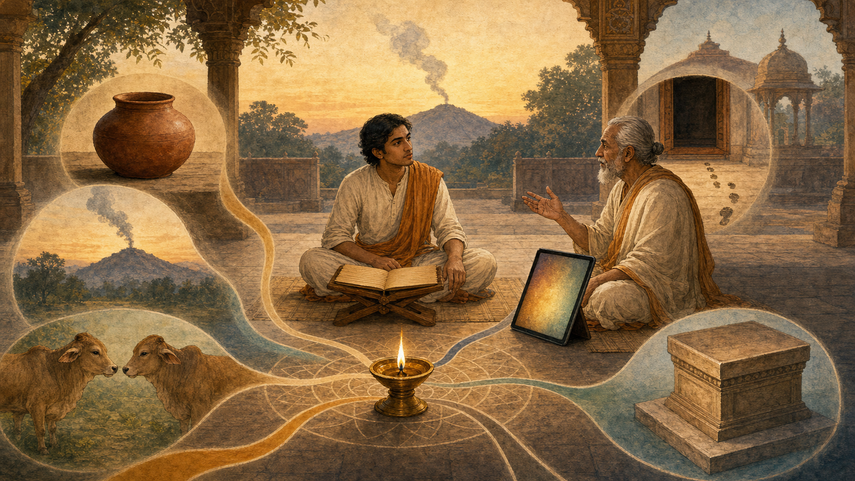 A student in an Indian courtyard considers a manuscript, a teacher, and a tablet while six symbolic scenes converge toward a lit brass lamp.