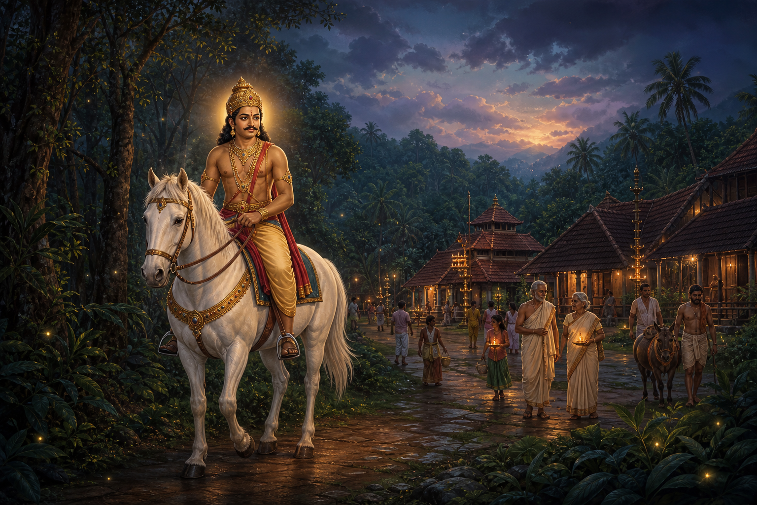 Aswarooda Sastha patrols on a white horse between a dark forest path and a peaceful lamp-lit Kerala settlement.