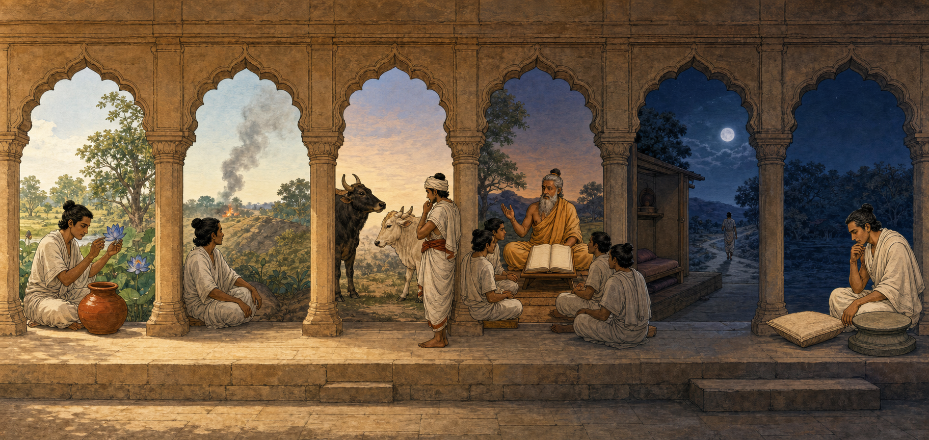 Six connected courtyard scenes show direct observation, smoke implying fire, comparison of two animals, a teacher instructing students, an absent person located elsewhere, and an empty pedestal.