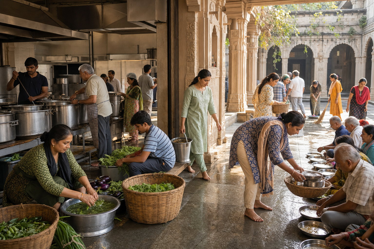 Volunteers of different ages cook, pack, clean, carry water, and serve meals together in a temple community kitchen and courtyard.