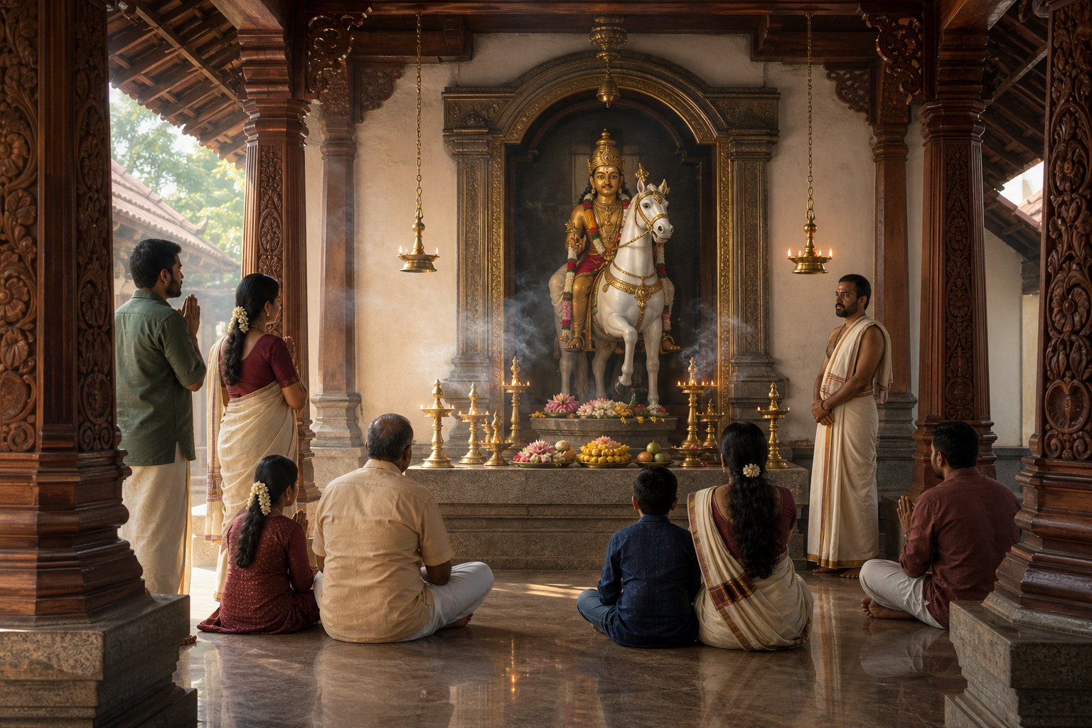 Devotees pray before a shrine image of Ayyappa on a white horse, with flowers, fruit, and brass oil lamps nearby.