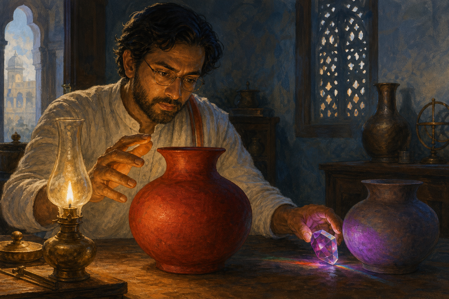A scholar observes a clay vessel in clear lamplight and then moves a colored crystal that distorted the appearance of a second vessel.