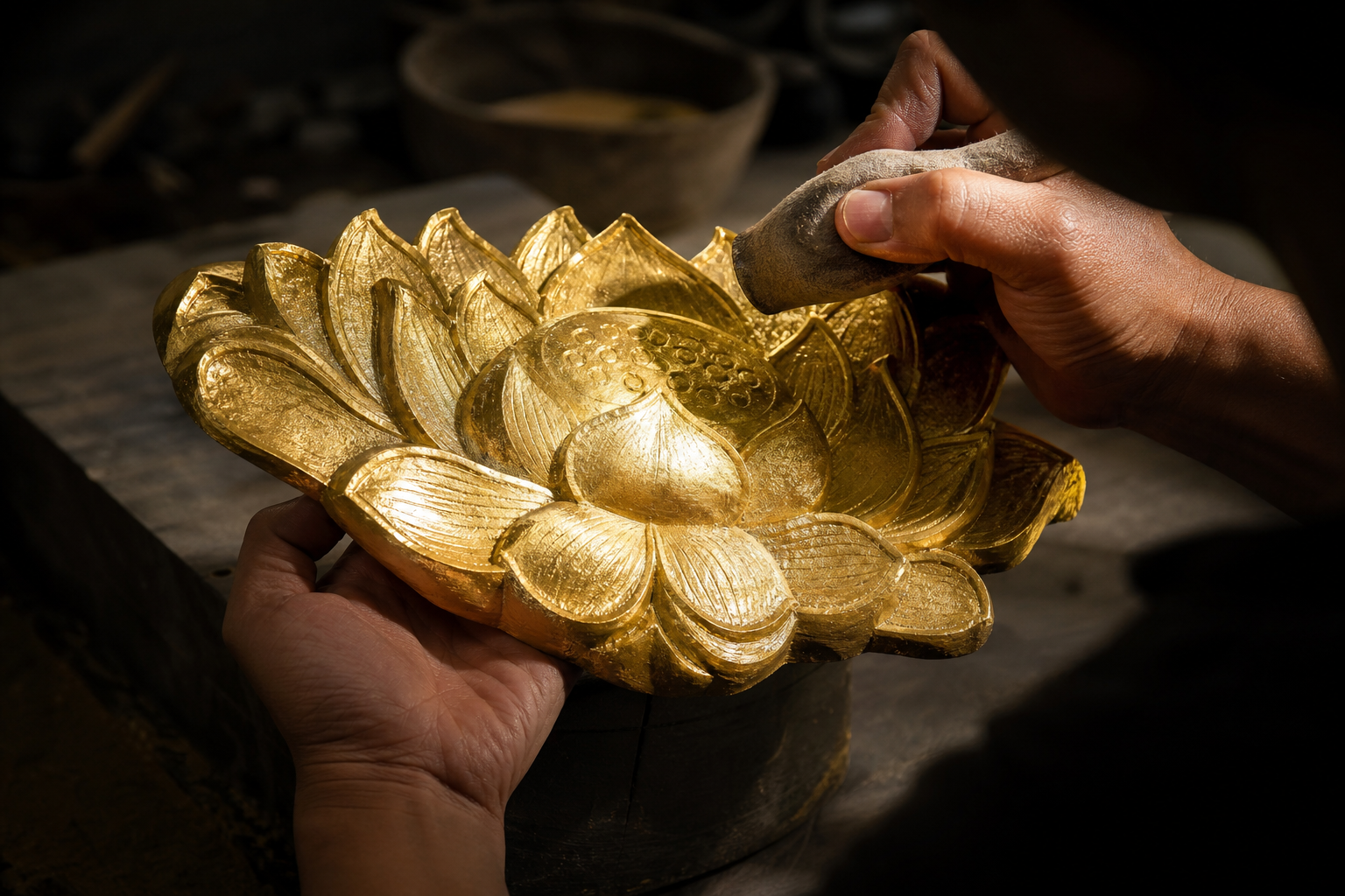 An artisan tilts a gilded lotus ornament beneath angled light while holding a burnishing tool near its reflective surface.
