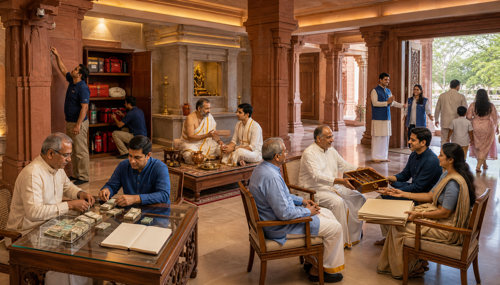 Five connected areas inside a Dharmic institution show financial stewardship, facility maintenance, priestly mentoring, leadership succession, and community welcome.